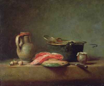 Kupferkessel mit einem Krug und einer Scheibe Lachs von Jean Baptiste Simeon Chardin